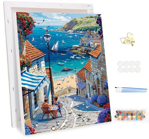 MEIYUDA Pintar por Numeros Adultos con Marco, Cuadros por Numeros Pigmento Acrílico Paisaje junto al mar, DIY Pintura por Numeros Kit Manualidades, Decoración para el Hogar Regalo de pared 30x40cm