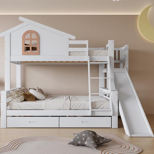 Moimhear 90 x 200 e 120 x 200 cm Letto per Bambini a Castello con finestre, Letto a Soppalco con Scala per 2-3 Ragazzi, Rete a Doghe in Legno, Senza Materasso (Modello 5923)