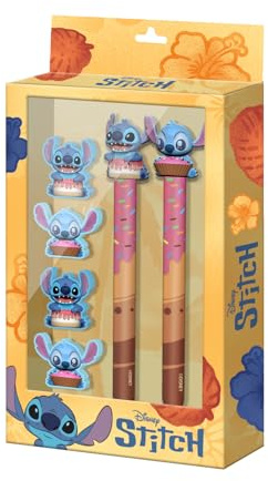 Disney Lilo e Stitch Mix-Confezione di Penna a Gel Cancellabile + Matita Eterna + 4 Gomme, Giallo, 14 x 23 cm