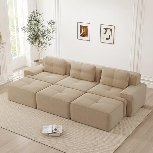 Bladez Moderno sofá de pana de 3 plazas sofá cama modular con taburete, sin montaje, sofá tapizado en la nube sofás 32D de espuma de alta elasticidad sin boneless para sala de estar (caqui claro, 3