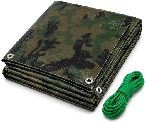 Camouflage Tarpaulin 2 x 3m Heavy-Duty Waterproof 85gsm with 10m Elastic Tie Rope - Camo Tarp Sheet Cover for Camping, Fishing, Garden Storage, Logs, Trailer, Allotment, Temporary Outdoor Use