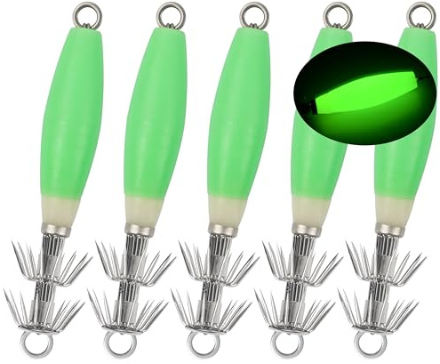 OROOTL Luminous Squid Jig Hooks Saltwater, 5pcs/10pcs Glow Squid Jigs Kit Fluorescent Cuttlefish Sleeve Jig Octopus Squid Lures Hard Fishing Bait Set with Tackle Box