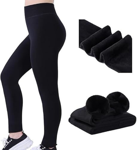 Women Fleece Lined Leggings Thick Fur Thermal Leggings Winter Warm Black Soft High Waisted Tights Tummy Control Gym Yoga Fitness Stretchy Pants Trousers Leggings for Girls Ladies UK Plus Size (12-16)