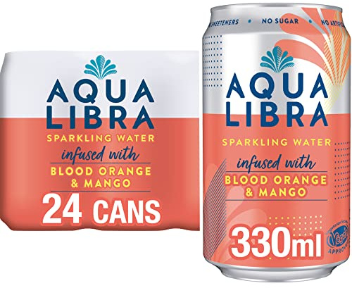 AQUA Libra Sparkling Water, Sugar-Free Fruit Water, No Sugar, No Calories, Blood Orange and Mango, 330 ml (Pack of 24)