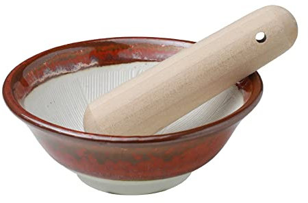 Asayu Japan Mortaio in Ceramica con Pestello in Legno, Realizzato in Giappone, Lavabile in Lavastoviglie e Adatta al Microonde, Set Ripple Ridge Suribachi e Surigoki (Rosso Beige)