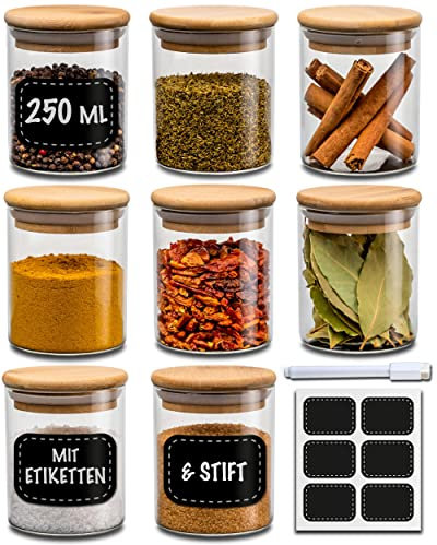Praknu Gewürzbehälter 16er Set 250ml mit Etiketten und Stift zum Beschriften - Luftdicht - Spülmaschinenfest - Gewürzgläser für Gewürze und Kräuter