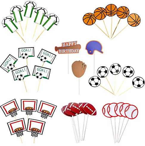 Sports Birthday Cake Toppers Sports Theme Party Decoration Supplies Football Baseball Volleyball Basketball Rugby Ball Decorations for Birthdays Themed Decorations (38 pieces)