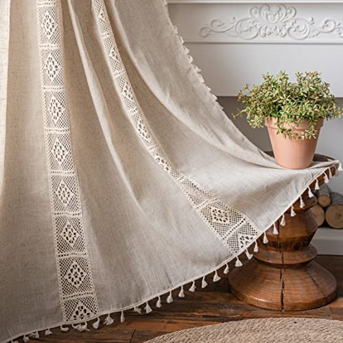 Sutuo Home Boho Curtain Semi-Blackout Crochet Hollow Lace Patchwork with Textured Linen Fabric, Handmade Tassels Rod Pocket Bohemian Window Drapes for Living Bedroom, 59 W x 96 L, 1 Panel