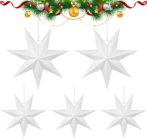 Estrellas Plegables de Navidad - 7 Puntas, 40 cm, 3D, para Colgar - Decoración de Papel (Blanco)