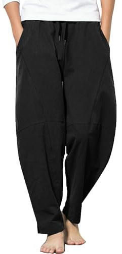 COOFANDY herr, linnebyxor, långa, lös passform, sommarbyxor, lätta fritidsbyxor, semester, strandbyxor, yogabyxor, haremsbyxor, hippie, långa byxor, svart, XXL