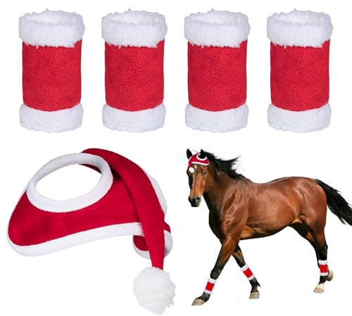 HIXNUG 5pcs Christmas Horse Accessory Santa Hat & 4pcs Christmas Horse Leg Wraps for Winter Xmas Holiday Party