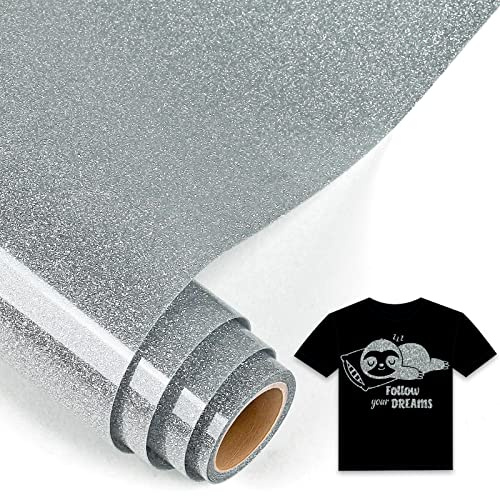 IModeur Glitter Silver Iron on Vinyl — 30.5 x 153 cm Heat Transfer Vinyl for Fabric, PET Backing HTV Roll for T-Shirts, Clothes, Hats, Bags and Other Textiles, Easy to Weed