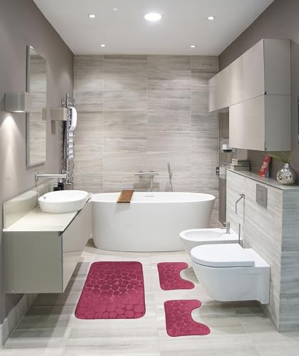 HOME ZEN HOUSEHOLD LINEN Juego de 3 alfombrillas de baño Stone, alfombra de ducha de 45 x 75 cm, 2 alfombras de inodoro de 45 x 38 cm, espuma viscoelástica, antideslizante (BORDO)