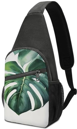 FZMTLDS Watercolor Monstera Leaf Sling Bag Mini Crossbody Bags Travel Daypack Fanny Chest Bag Sling Backpack for Men Women