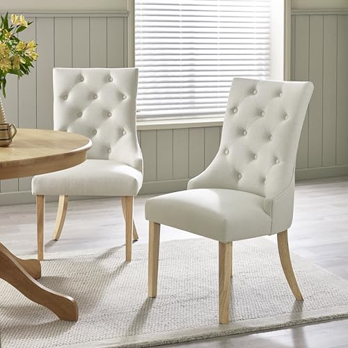 Furniturebox UK Dining Furniture - 2x Belgravia Beige Fabric Upholstered Dining Chairs - Pair Of Scoop Back Back Luxury Button Detail Oak Effect Leg Chairs