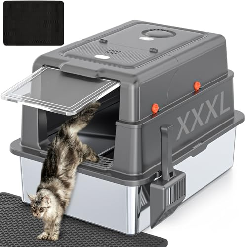 XXXL Extra Large Stainless Steel Litter Box with Lid, 28 L x 20.5 W x 17 H Covered Stainless Steel Litter Box, Suitable for Large Cats and Multiple Cats, Non-Sticky, Anti-Leakage, Easy to Clean