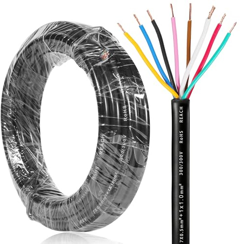 SPARKMOTO Cable de 8 Hilos para Remolque 10M, Cable de 8núcleos Enchufe de Remolque,Cable Pilotos Remolque 8 Polos 12V 24V 48V 80V,Cable eléctrico 8 Polos para vehículo (7x0,5 mm²+1x1 mm²)