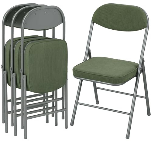 HOMCOM Fabric Padded Folding Chairs Set of 4, Foldable Chairs with Corduroy Cushioned Seat and Backrest, Heavy Duty Steel Frame, Multi-Purpose for Home, Office, Dining, Reception, Green