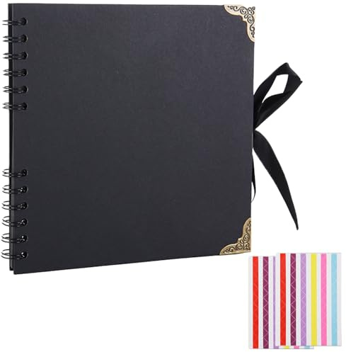Scrapbook Photo Album, 60 Pages Thick Kraft Paper Spiral Bound Scrap Book, Wedding Picture Scrapbooking Album, Memory Book Ideal for Writing, Drawing, Photos Souvenirs & Memories (21 x 21 cm) (Black)