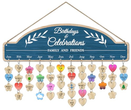 arricraft 1 juego de placa de madera con recordatorio de cumpleaños familiar, calendario de celebraciones de familia y amigos, tablero de calendario para colgar en la pared con 100 etiquetas para