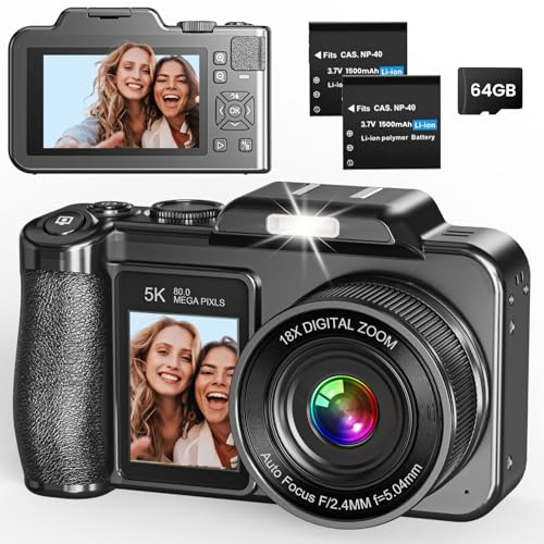 Digital Camera, 5K 80MP 3.5+2 Dual Screen Cameras for Photography Autofocus, 18X Digital Zoom Vlogging Camera for YouTube, Travel, Beginners, Include 64GB Card and 2 Batteries, Black