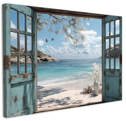 Galmcook Framed Canvas Wall Art 12x16 Inch Ocean Beach Window View Artwork Coastal Wall Canvas Pictures for Living Room Bedroom Hallway Wall Decoration Prints with Hooks Magic Tape and Nails