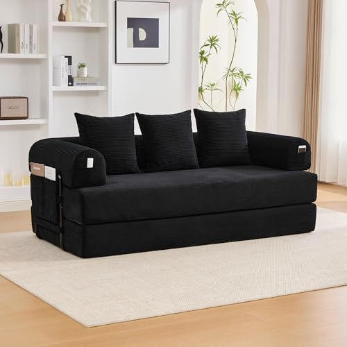 Ktipm Sofa Cama Plegable Modular 3 Plazas de 200 cm, Sofá Cama con 3 Cojines y Estructura Metálica, Sofa 3 Plazas con Bolsillo Lateral, Sofás Comprimidos Boneless Couch, Pana, 200x94x67 cm, Negro