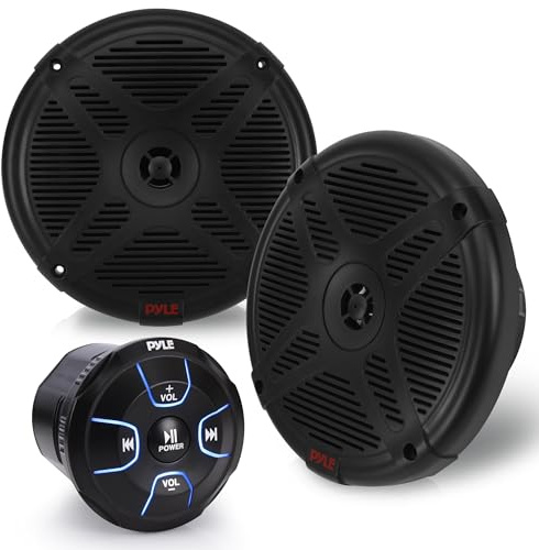 6.5'' Dual Marine Speakers Kit - Waterproof-Rated w/Amplified Bluetooth Remote Control Receiver for Powersport Vehicles, IP65 Marine Grade Rating, 600 Watt Max Power - Pyle PLMRKT8