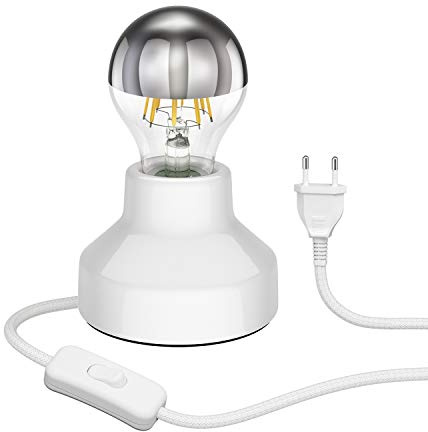 ledscom.de E27 porslinsbordslampa TIX, rund med stickpropp och strömbrytare, vit, 90mm inkl. E27 lampa 667lm varm vit