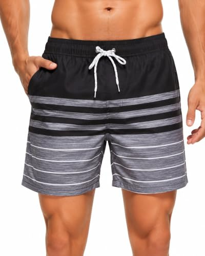 HLVEXH Men's Swimming Short Lightweight Striped Water Sports Beach Shorts Black White Stripe Large