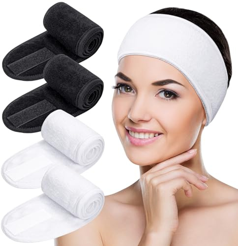 MELLIEX 4 Piezas Diadema de Maquillaje, Diadema Toalla Ajustable Pelo Banda con Cinta Mágica Para Bañarse Yoga Spa Deportes(Blanco,Negra)