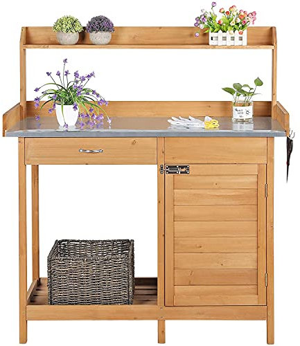 costoffs Potting Bench Wood Garden Potting Table with Cabinet and and Drawers Outdoor Metal Surface Work Bench for Greenhouse with Hooks and Shelf Wood