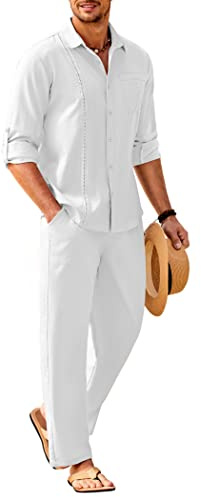 COOFANDY Ensemble 2 pièces en lin pour homme avec chemise cubaine à manches longues et pantalon, pour l’été et la plage, blanc, XX-Large