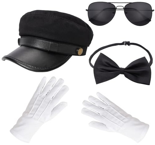 Gvhntk Chauffeur Kostüm Limo Taxi Hut Handschuhe Set Schwarz Fliege Brille Neuheit Limo Kit für Männer Frauen Party, Schwarz, standrad