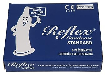 LABORATOIRE POLIDIS - Préservatifs REFLEX Condoms® Standard 185mm - Lisse Et Soyeux - Lubrifié Avec Réservoir - Plaisir Et Efficacité Optimal - Forme Cylindrique - 6Pcs