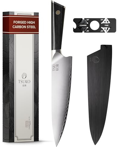 Tsuko Chef Knife Four Stage Sharpener & Wooden Sheath - 8 Inch Professional Japanese Style Kitchen Knives Set, Sharp Gyuto Knife, Vegetable, Meat, Chopping Knife, Sharp Kitchen Knife Single for Chefs