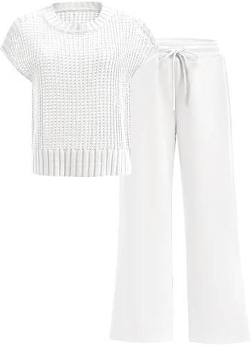 OUKODS Conjunto de dos piezas para mujer, suéter de punto transparente de ganchillo, pantalones de pierna ancha, conjunto de sudadera a juego, ropa de viaje