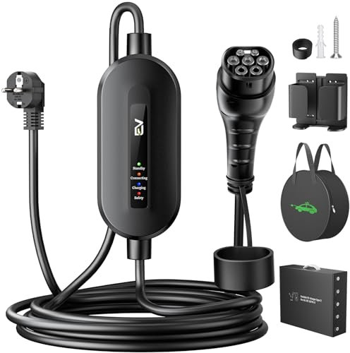 EVJUICION Ladekabel Elektroauto Typ 2 Schuko 3,68kW[1-phasig, 10m, 16A], EV Chargers mit Anzeigeleuchte, EV Ladegerät mit Segeltuchtasche Haltevorrichtung für ID.3, Model Y und Anderen PHEV/EV