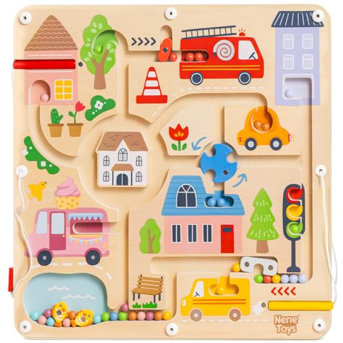 Nene Toys Laberinto Magnético para Niños 2+ Años – Juego Magnético Busy Board – Juguete de Viaje Coche/Avión – Montessori Educativo, Motricidad Fina & Coordinación Ojo-Mano – Tablero de Madera