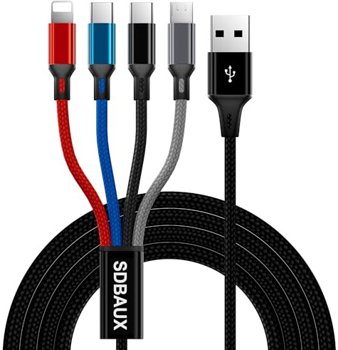 SDBAUX Multi USB Kabel, [3A 1.2M] Geflochten Mehrfach Multi 4 in 1 Ladekabel, mit 2*Typ C/Phone/Micro USB Anschlüsse, für iOS-Telefon, Android Galaxy S25 S24, LG, Sony, Hoor View, Moto, Oneplus, PS5