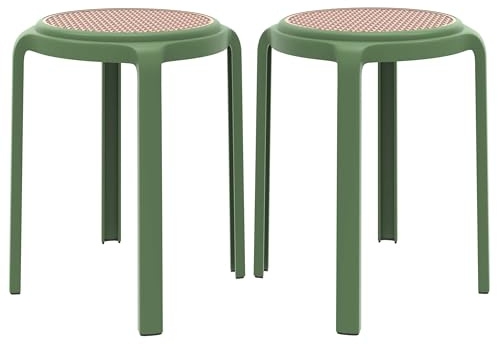 LeisureMod Tresse Mid-Century Modern Round Plastic Dining Stool Set of 2, Stackable Accent Stools with Breathable Seat, Lightweight Seating for Kitchen, Dining Room, Bedroom, or Entryway (Green)