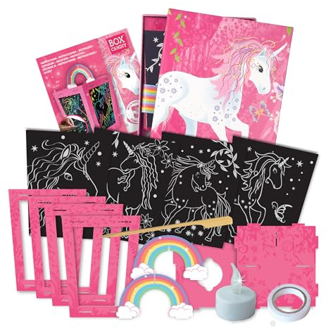 BOX CANDIY Scratch Art Lantern Kit for Kids – Unicorn Theme, LED Candle | 4 PVC picture sheets, wooden stick, 3D lantern build with 9 cardboard pieces, double-sided tape