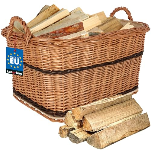 KOTARBAU® Cesta Leña Chimenea - Mimbre - 55 x 45 cm - Bicolor - Cesto para Leña - con Asa Resistente - Capazo Leñero - Accesorio Natural - Decoración Rústica