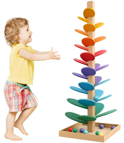 Murmelbahn Holz Klangbaum, Murmelbahn Regenbogen, Murmelturm Musikbaum Lernspielzeug, Holz Kugelbahn Klangbaum Große Kugeln ab 1 Jahr, Montessoris Spielzeug (A)
