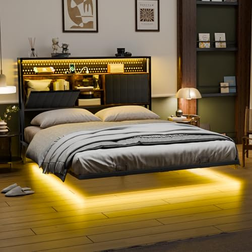 Bonnlo 5ft King Size Bed Frame with Upholstered Storage Headboard/Charging Station/LED Light, Floating Kingsize Bed Frame - Under Bed Storage/Mattress Foundation/Duty Metal Slats/No Box Spring Needed