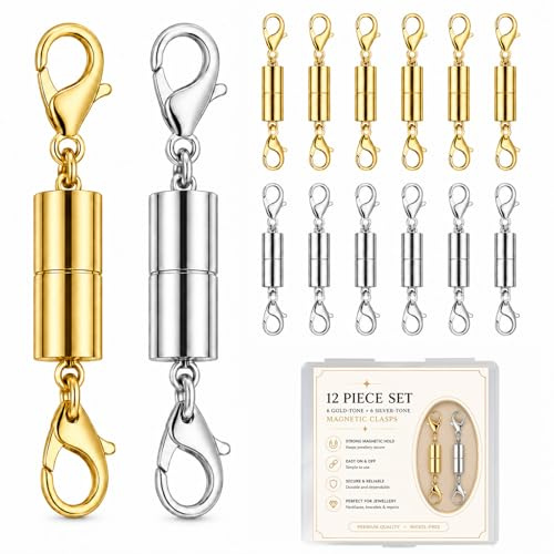 12Pcs Magnetic Necklace Clasps Labstor for Jewellery Making, Magnet Extender Clasps for Bracelet Necklaces Anklet Chain Fasteners Clasps for Gifts DIY Anniversary Gold & Silver