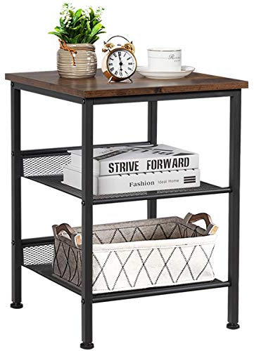 COSTWAY 3-Tiers Industrial Side Table with Metal Mesh Shelves, Rustic Storage Organiser Display Stand, Home Office Living Room Bedroom Nightstand Sofa Table