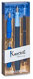 Kaweco PERKEO Calligraphy Fountain Pen Set Blue I Premium Art Set Including 3 Single Pearl Black Ink Cartridges I Calligraphy Writing Instrument 15.5 cm I Nibs: 1,1 mm, 1.5 mm and 1.9 mm