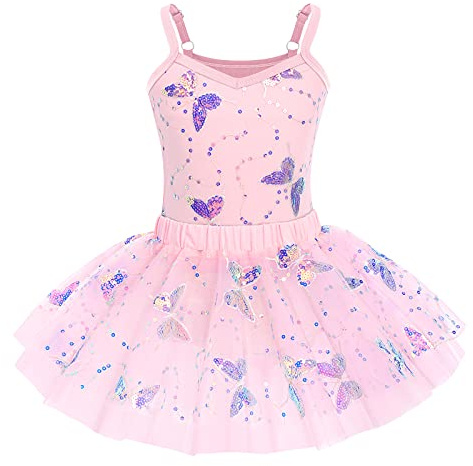 IMEKIS Girl Sequin Ballet Leotard Dress Princess Sling Fairy Butterfly Ballerina Dancewear Gymnastic Bodysuit Tulle Tutu Dance Costume Outfit Pink 3-4 Years
