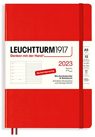 LEUCHTTURM1917 365690 Wochenkalender & Notizbuch Softcover Medium (A5) 2023, 12 Monate, Rot, Deutsch